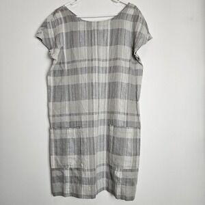 Eileen Fisher Shift Dress Size‎ M Organic Linen Cotton Plaid V-Back Pockets Gray